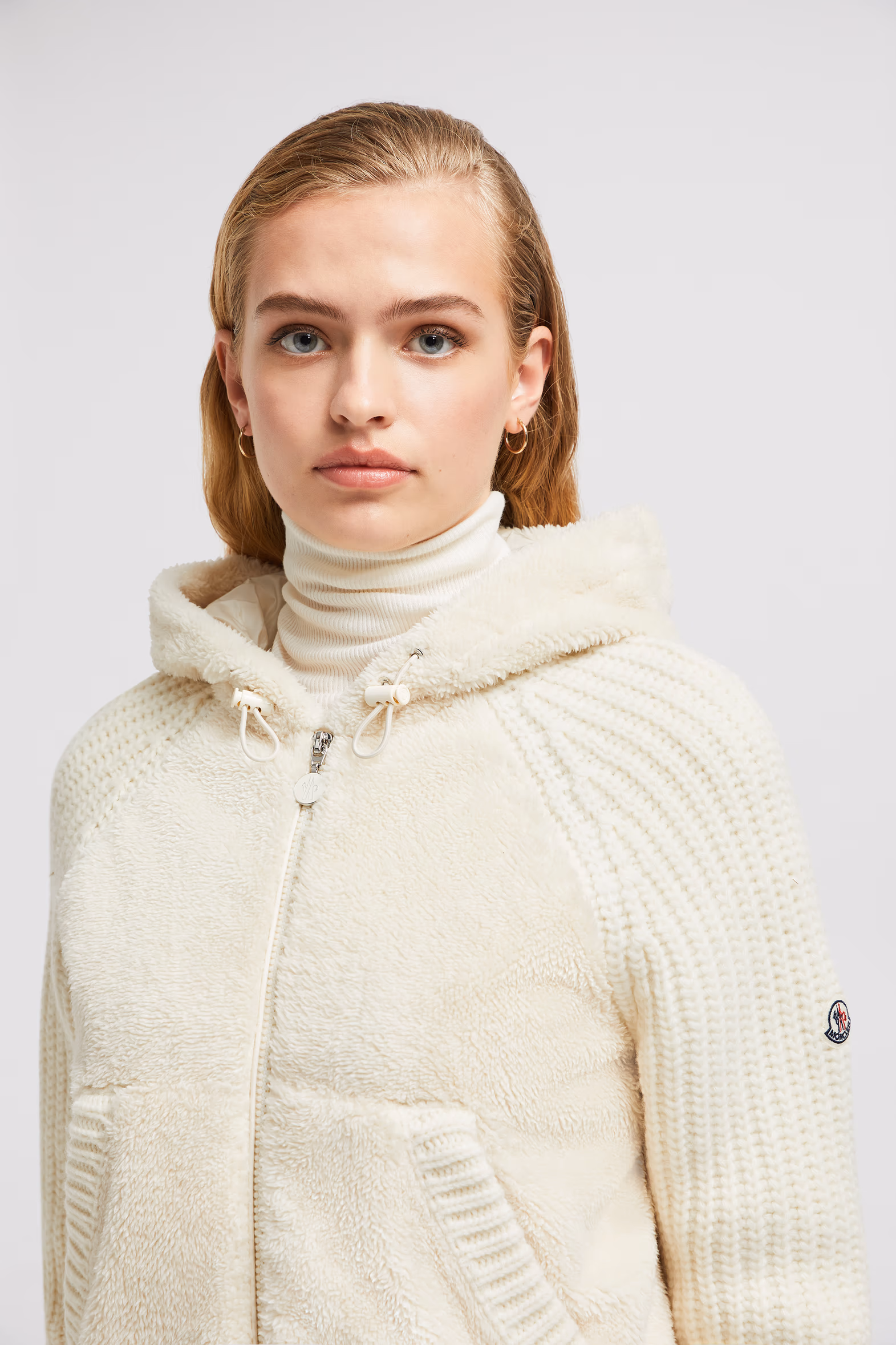 Cárdigan con capucha y cremallera acolchado de lana y efecto peluche Mujer Blanco Moncler 4